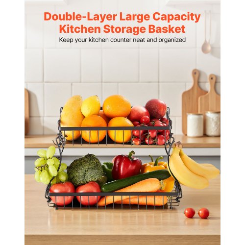 2 Tier Fruit Basket Countertop Fruits Vegetable Bowl with Banana Hangers