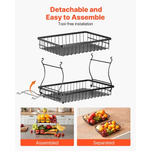 2 Tier Fruit Basket Countertop Fruits Vegetable Bowl with Banana Hangers