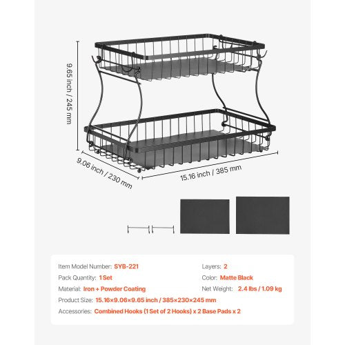 2 Tier Fruit Basket Countertop Fruits Vegetable Bowl with Banana Hangers