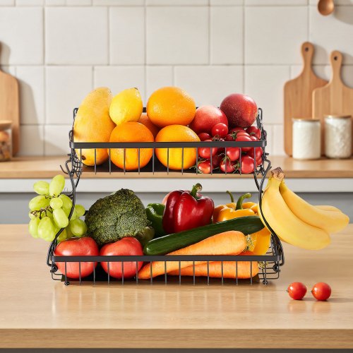 2 Tier Fruit Basket Countertop Fruits Vegetable Bowl with Banana Hangers