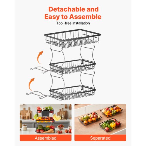 3 Tier Fruit Basket Countertop Fruits Vegetable Bowl with Banana Hangers