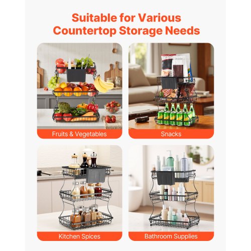 3 Tier Fruit Basket Countertop Fruits Vegetable Bowl with Banana Hangers