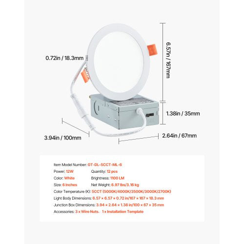 12 Pack 6 Inch LED Recessed Ceiling Light 5CCT Canless Wafer Downlight