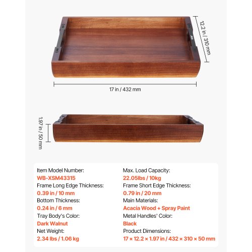 Wood Serving Tray Acacia Wooden Tray Board with Handles Decorative Rustic