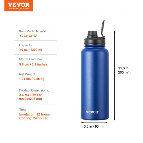 40 oz Insulated Water Bottle Stainless Steel Camping Hiking Hydration