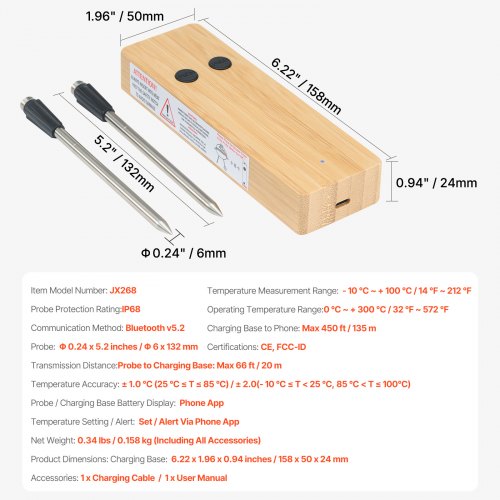 Wireless Meat Thermometer 500 ft Range Wireless Bluetooth Meat Thermometer