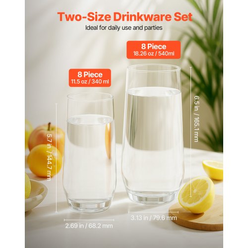 Drinking Glasses Set 16Piece Crystal Glass Cups Elegant Mixed Glassware