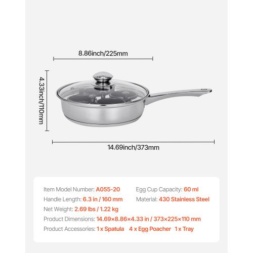 Egg Poacher Pan 4Cup Poached Egg Maker Stainless Steel Poaching Pan and Frying