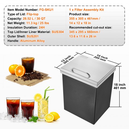 Drop in Ice Chest 14L x 12W x 18H Stainless Steel Ice Cooler Commercial