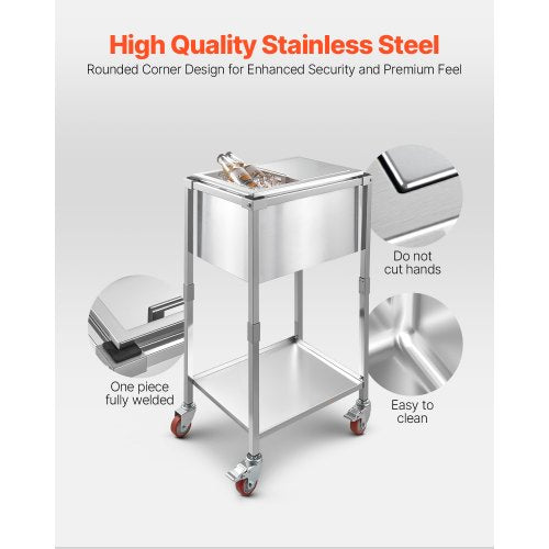 Rolling Ice Chest Cooler Cart 20L x 14W x 38H Stainless Steel Cooling