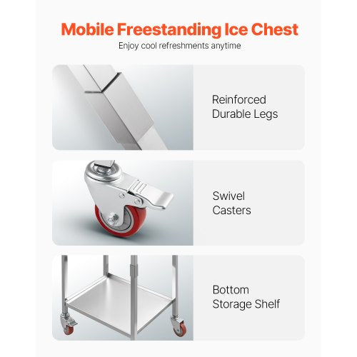 Rolling Ice Chest Cooler Cart 20L x 14W x 38H Stainless Steel Cooling