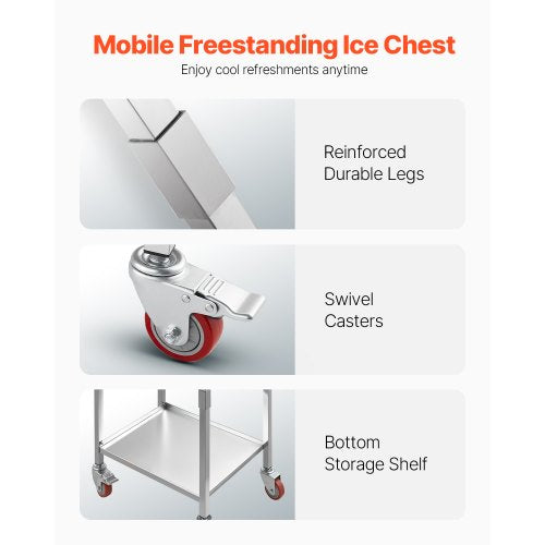 Rolling Ice Chest Cooler Cart 22L x 16W x 38H Stainless Steel Cooling