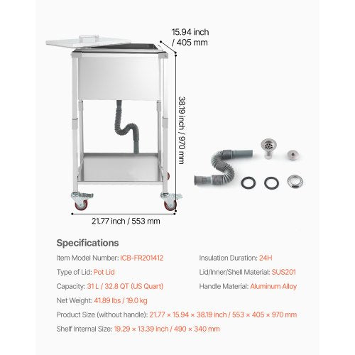 Rolling Ice Chest Cooler Cart 22L x 16W x 38H Stainless Steel Cooling