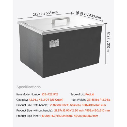 Drop in Ice Chest 22L x 17W x 12H Stainless Steel Drop in Cooler 453