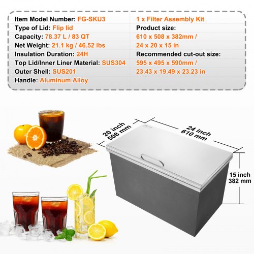 Drop in Ice Chest 24L x 20W x 15H Stainless Steel Ice Cooler Commercial