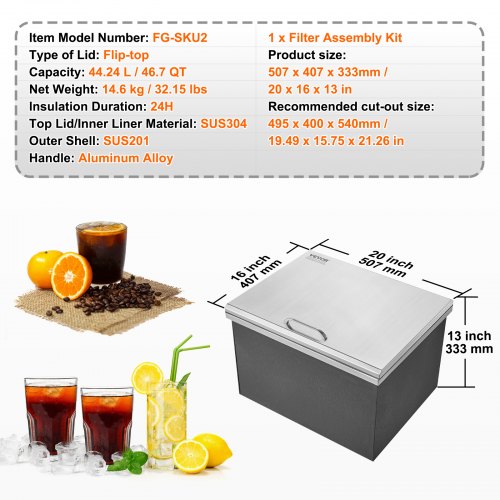 Drop in Ice Chest 20L x 16W x 13H Stainless Steel Ice Cooler Commercial