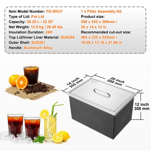 Drop in Ice Chest 20L x 14W x 12H Stainless Steel Ice Cooler Commercial