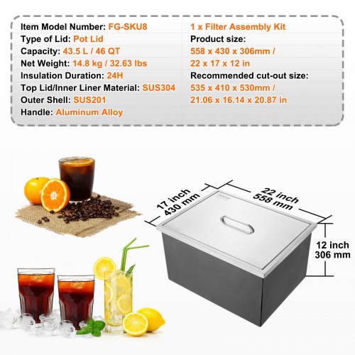 Drop in Ice Chest 22L x 17W x 12H Stainless Steel Ice Cooler Commercial