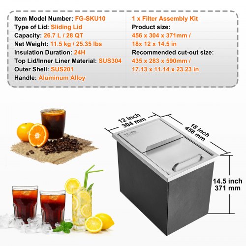Drop in Ice Chest 18L x 12W x 145H Stainless Steel Ice Cooler