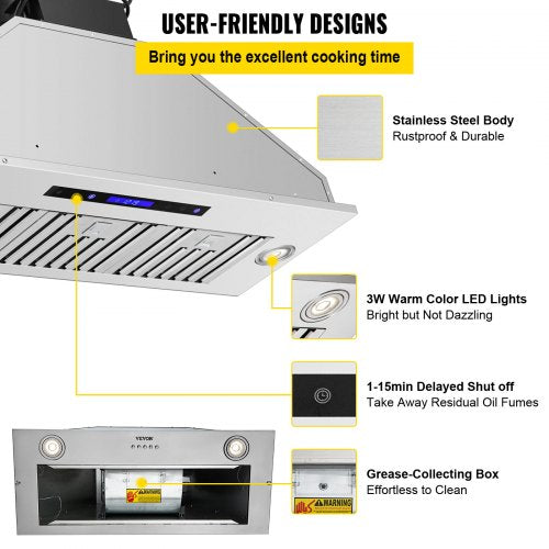 Insert Range Hood 900Cfm 4Speed 36 Inch Stainless Steel Builtin Kitchen Vent