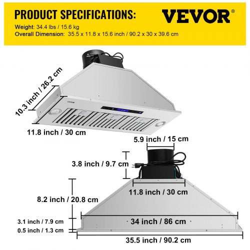 Insert Range Hood 900Cfm 4Speed 36 Inch Stainless Steel Builtin Kitchen Vent