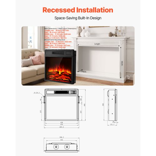 Electric Fireplace Insert 18 inch Recessed and Wall Mounted with Adjustable