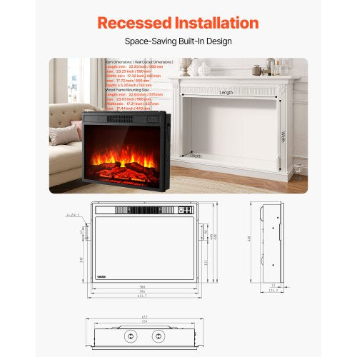 Electric Fireplace Insert 23 inch Recessed and Wall Mounted with Adjustable