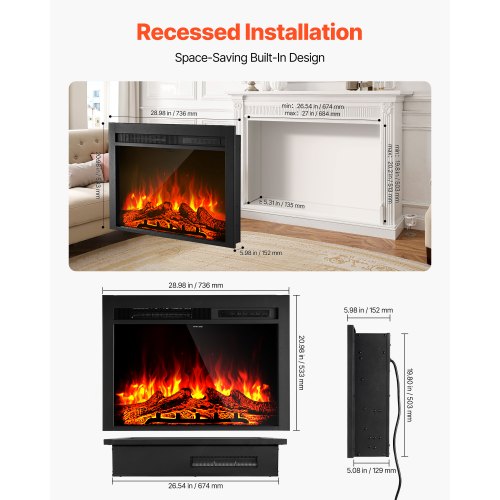 Electric Fireplace Insert 28.5 inch Recessed and Wall Mounted with Adjustable