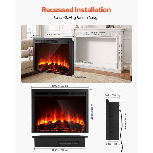 Electric Fireplace Insert 35 inch Recessed and Wall Mounted with Adjustable