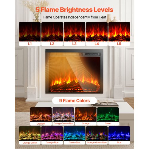 Electric Fireplace Insert 35 inch Recessed and Wall Mounted with Adjustable