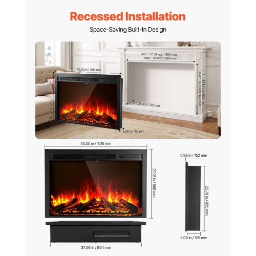 Electric Fireplace Insert 40 inch Recessed and Wall Mounted with Adjustable