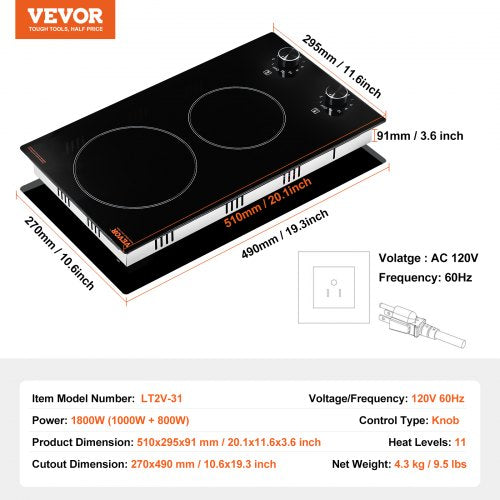 Electric Cooktop 12 inch 2 Burners Builtin Electric Stove Top 1800W