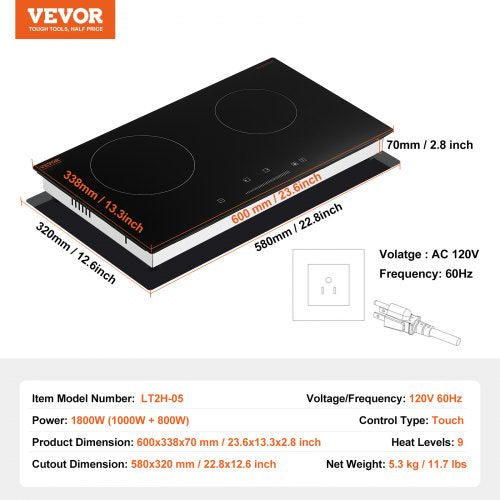Electric Cooktop 24 inch 2 Burners Builtin Electric Stove Top 1800W
