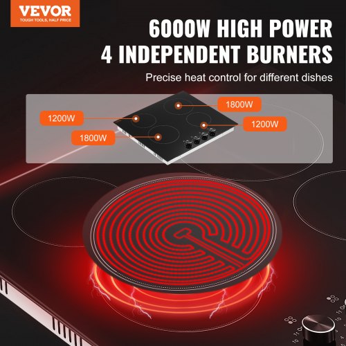 Electric Cooktop 24 inch 4 Burners Builtin Electric Stove Top 6000W