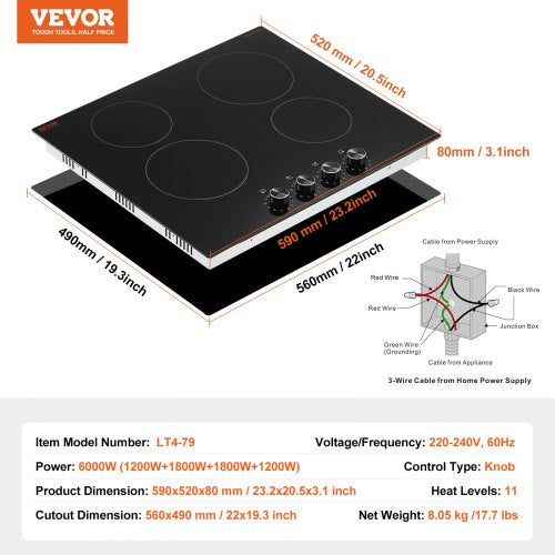 Electric Cooktop 24 inch 4 Burners Builtin Electric Stove Top 6000W