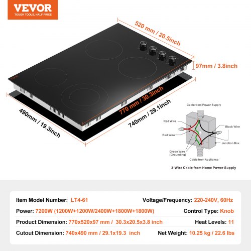 Electric Cooktop 30 inch 4 Burners Builtin Electric Stove Top 7200W