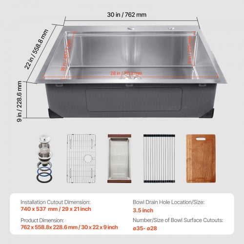 30 inch Kitchen Sink Workstation 304 Stainless Steel Top Mount Sinks
