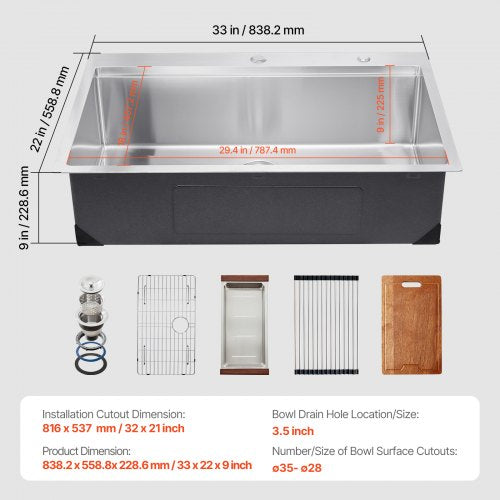 33 inch Kitchen Sink Workstation 304 Stainless Steel Top Mount Sinks