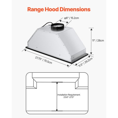 Range Hood Insert 30 Inch Builtin Kitchen Vent Hood 800CFM Steel Stove