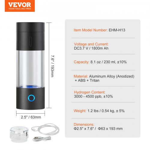 Hydrogen Water Bottle Generator 230 ml 81 oz Capacity Portable Hydrogen