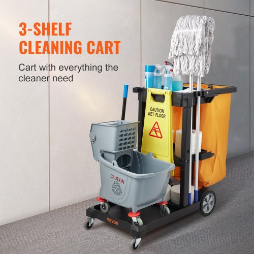 Cleaning Cart 3Shelf Commercial Janitorial Cart 200 lbs Capacity Plastic