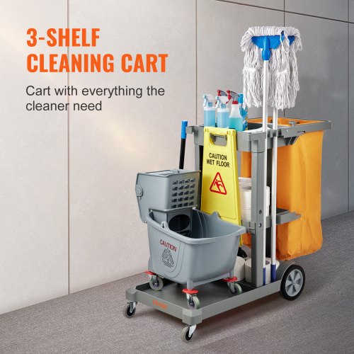 Cleaning Cart 3Shelf Commercial Janitorial Cart 200 lbs Capacity Plastic