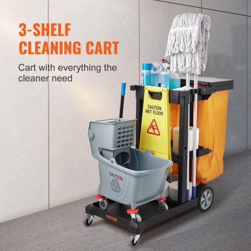 Cleaning Cart 3Shelf Commercial Janitorial Cart 200 lbs Capacity Plastic