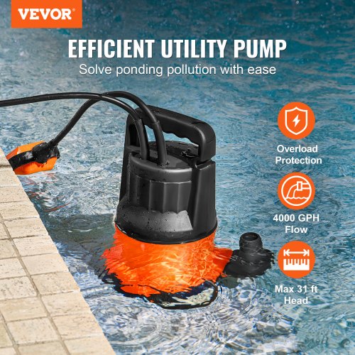 Utility Pump 1 HP 4000 GPH High Flow 31 ft Head Sump Pump Submersible
