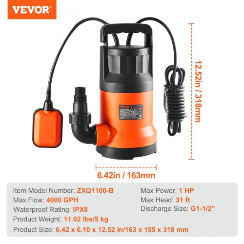 Utility Pump 1 HP 4000 GPH High Flow 31 ft Head Sump Pump Submersible
