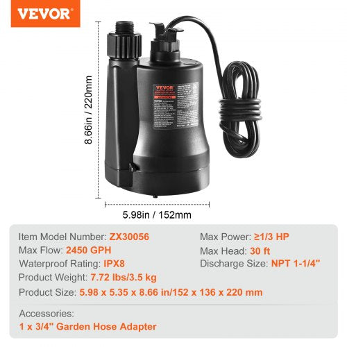 Utility Pump 13 HP 2450 GPH High Flow 30 ft Head Sump Pump Submersible