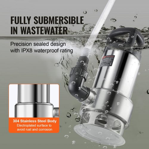 1HP Sump Pump 4020GPH 30FT Lift Stainless Steel Submersible Sludge Pump