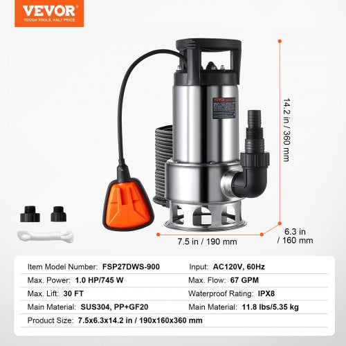 1HP Sump Pump 4020GPH 30FT Lift Stainless Steel Submersible Sludge Pump