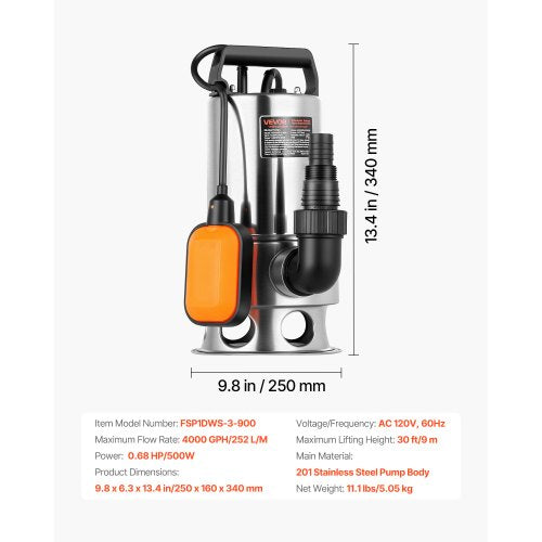 068 HP Submersible Sump Pump 4000 GPH Stainless Steel Submersible Sewage