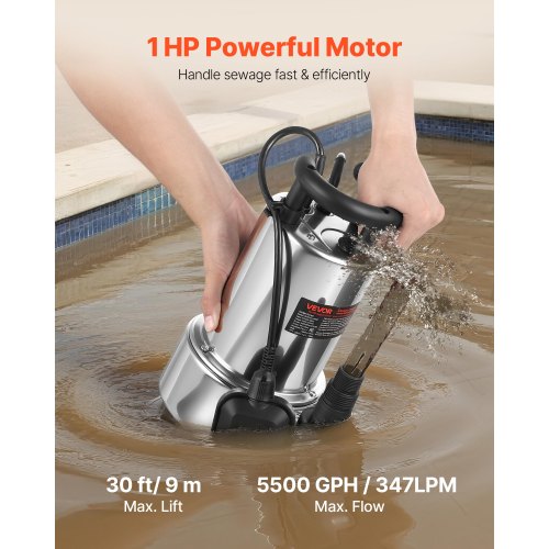 1 HP Submersible Sump Pump 5500 GPH Stainless Steel Submersible Sewage
